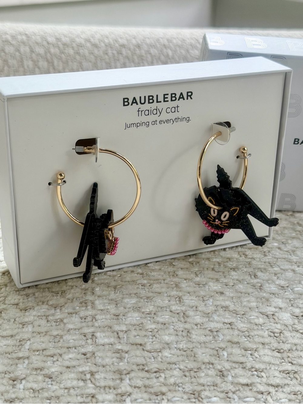BaubleBar Halloween Fraidy Cat Hoop Earrings Gold Tone Acrylic Black Glitter New